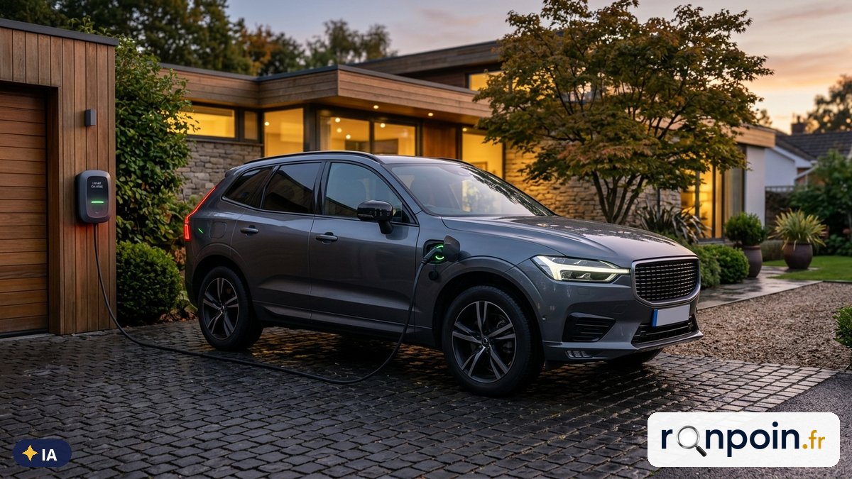 Image générée par intelligence artificielle SUV hybride rechargeable en charge sur une borne murale à domicile le soir — illustration générée par IA
