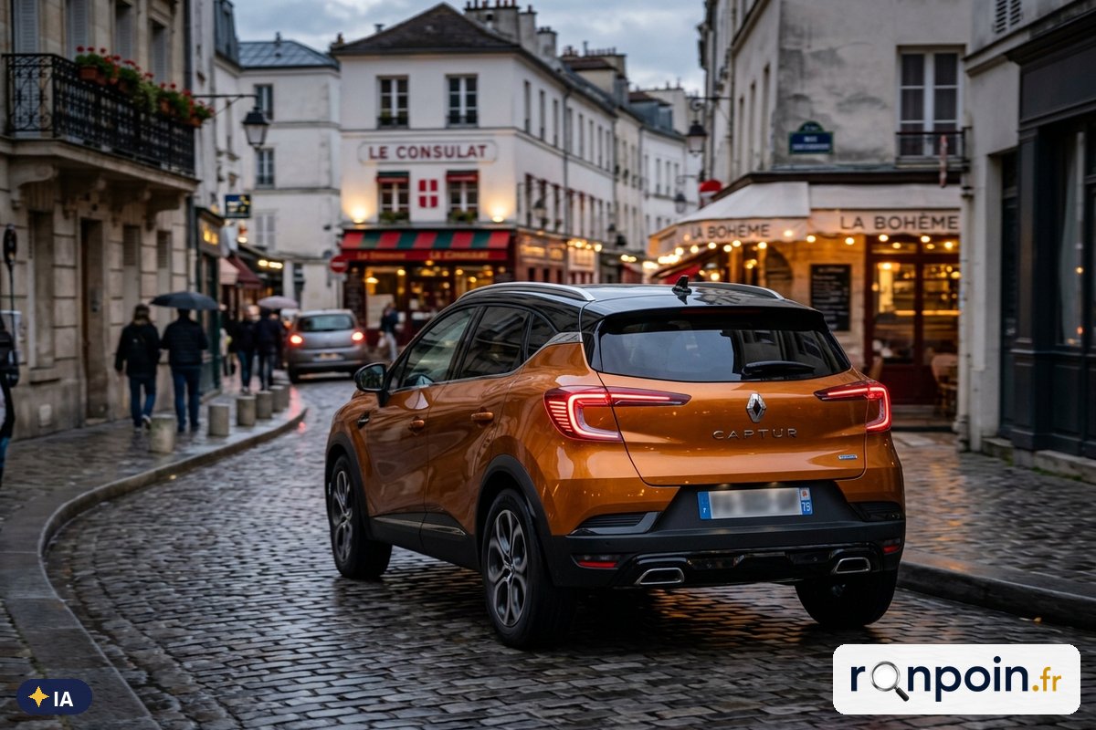 Renault Captur II orange et noir de trois quarts arrière — illustration générée par IA