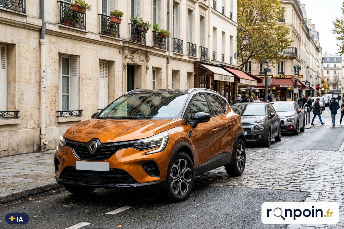 Renault Captur II orange et noir de trois quarts avant — illustration générée par IA